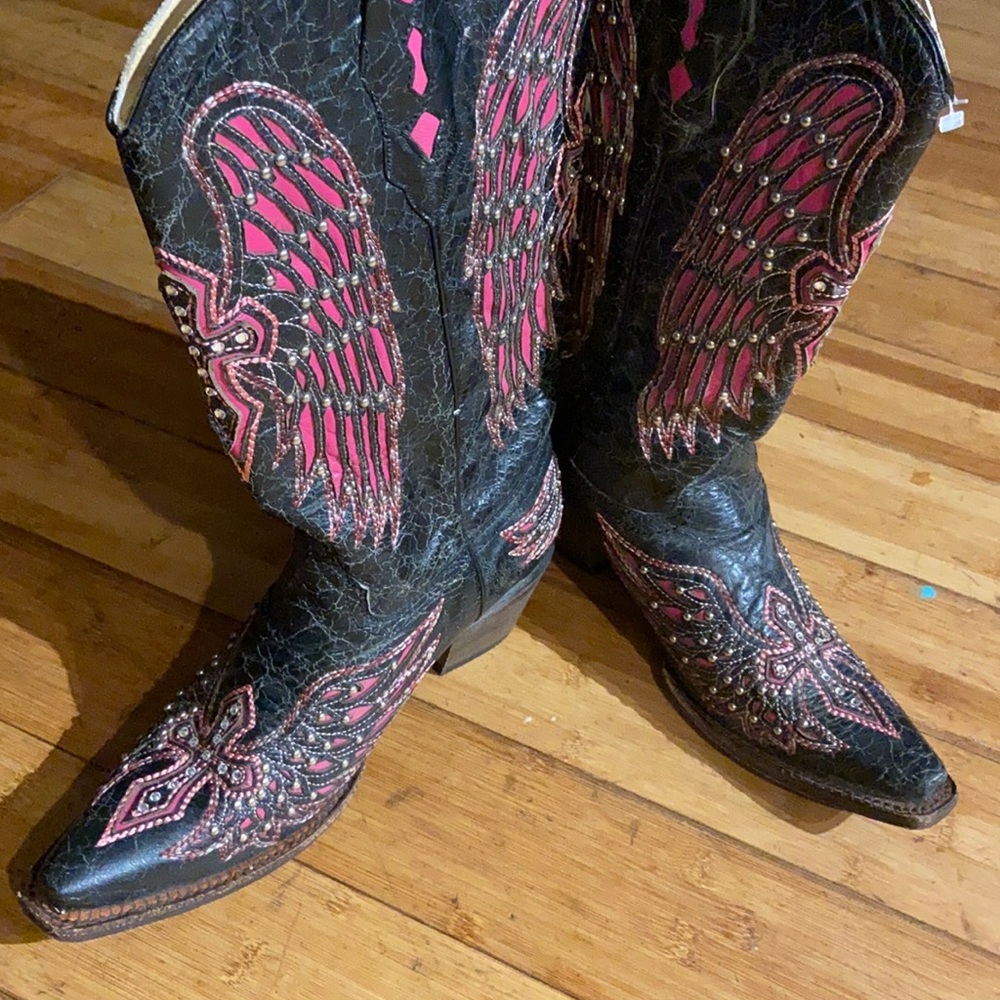 Pink and black coral rhinestone boots